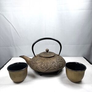 RARE Joyce Chen for Teavana Teapot Set / Strainer Warmer Cups Saucer / Cast Iron